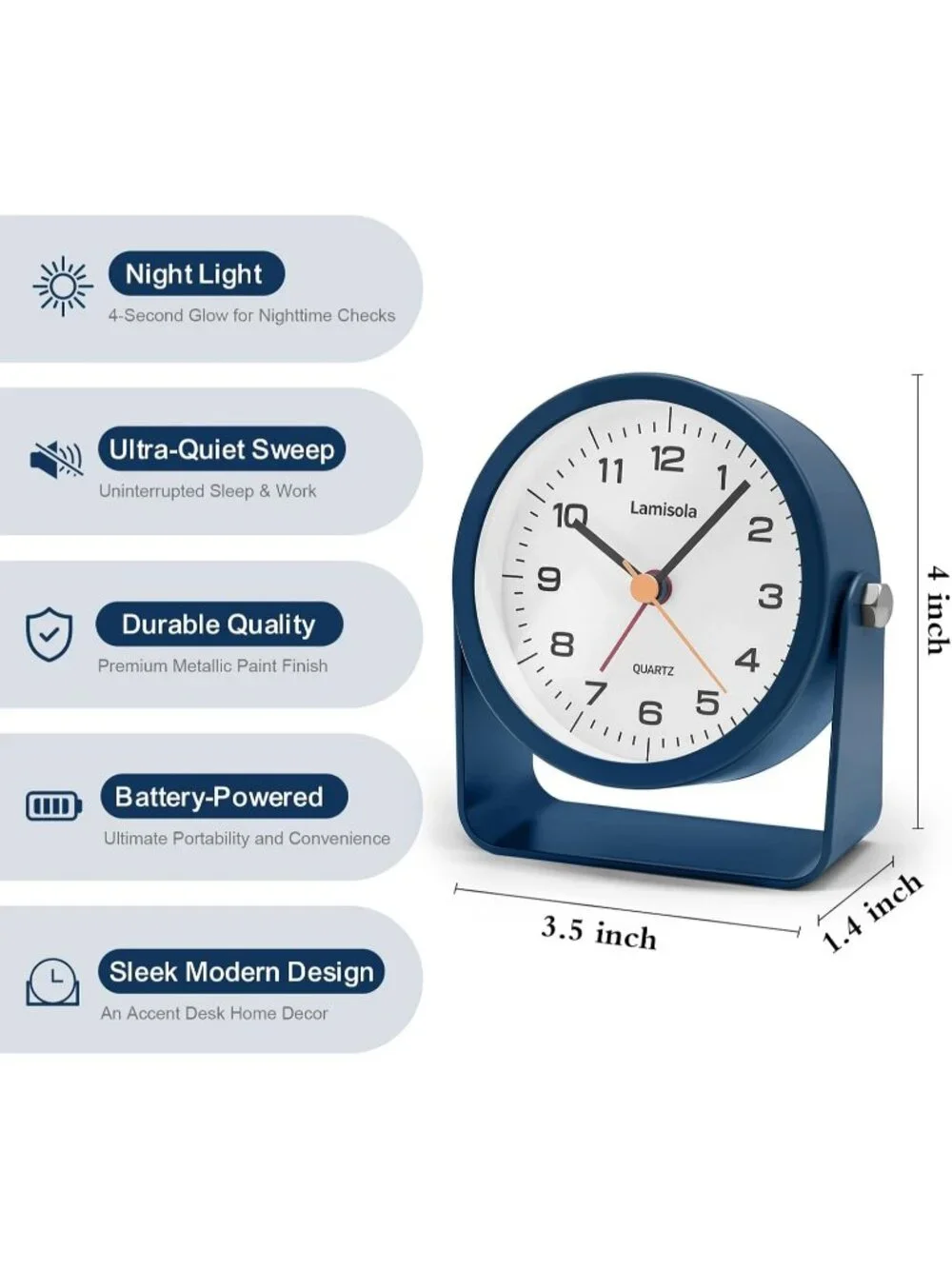 Home Navy Blue Analog Quartz Battery Vintage Operated Silent Desk Alarm Clock